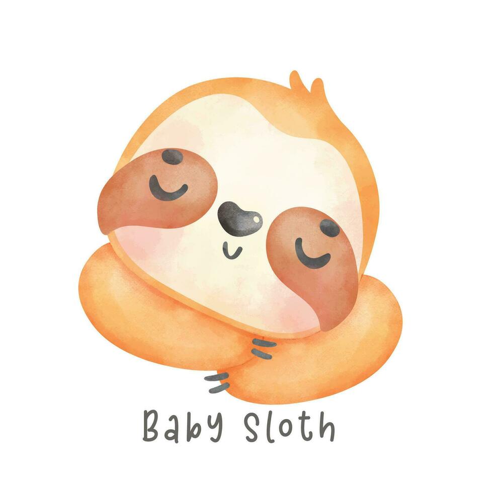 Adorable happy smile baby sloth sleeping cartoon watercolor nursery Illustration vector