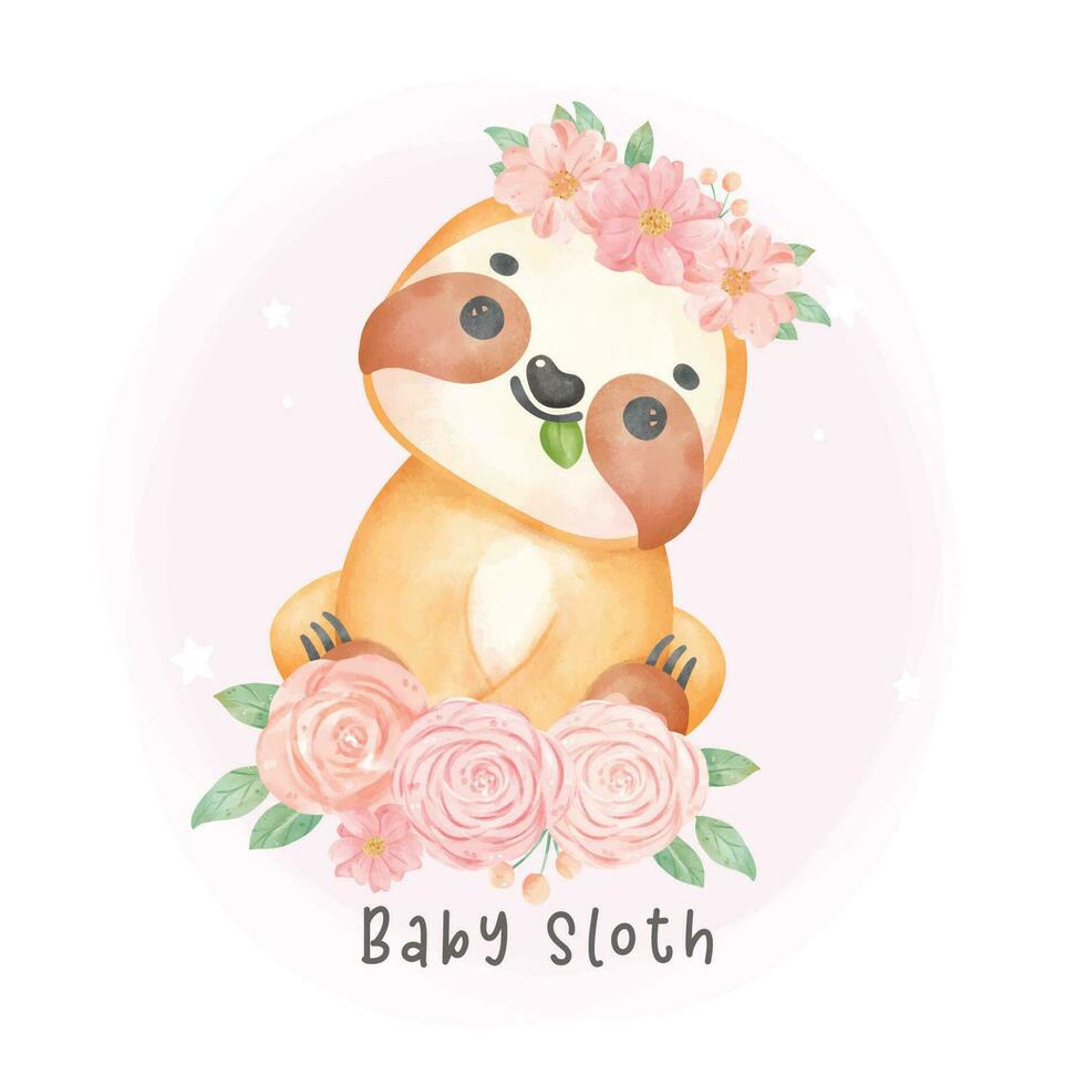 Adorable happy smile baby sloth sitting in flowers cartoon watercolor nursery Illustration vector