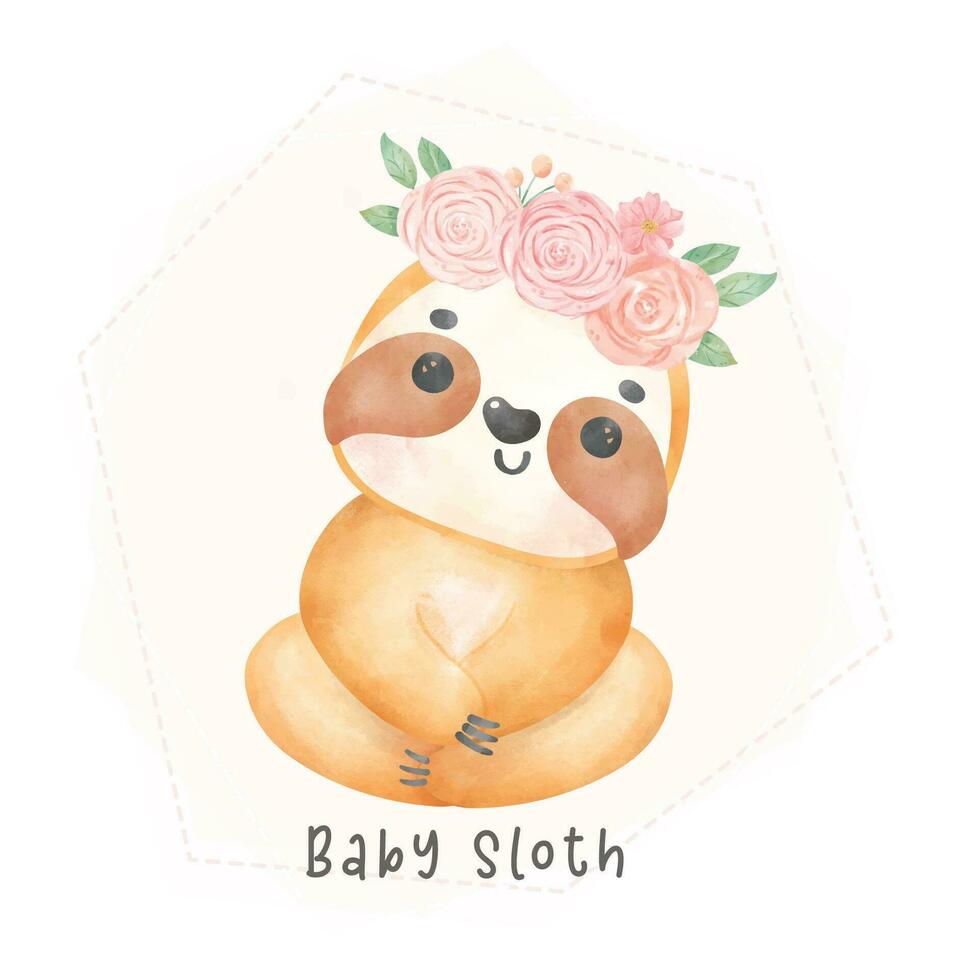 Adorable happy smile baby sloth sitting cartoon watercolor nursery Illustration vector