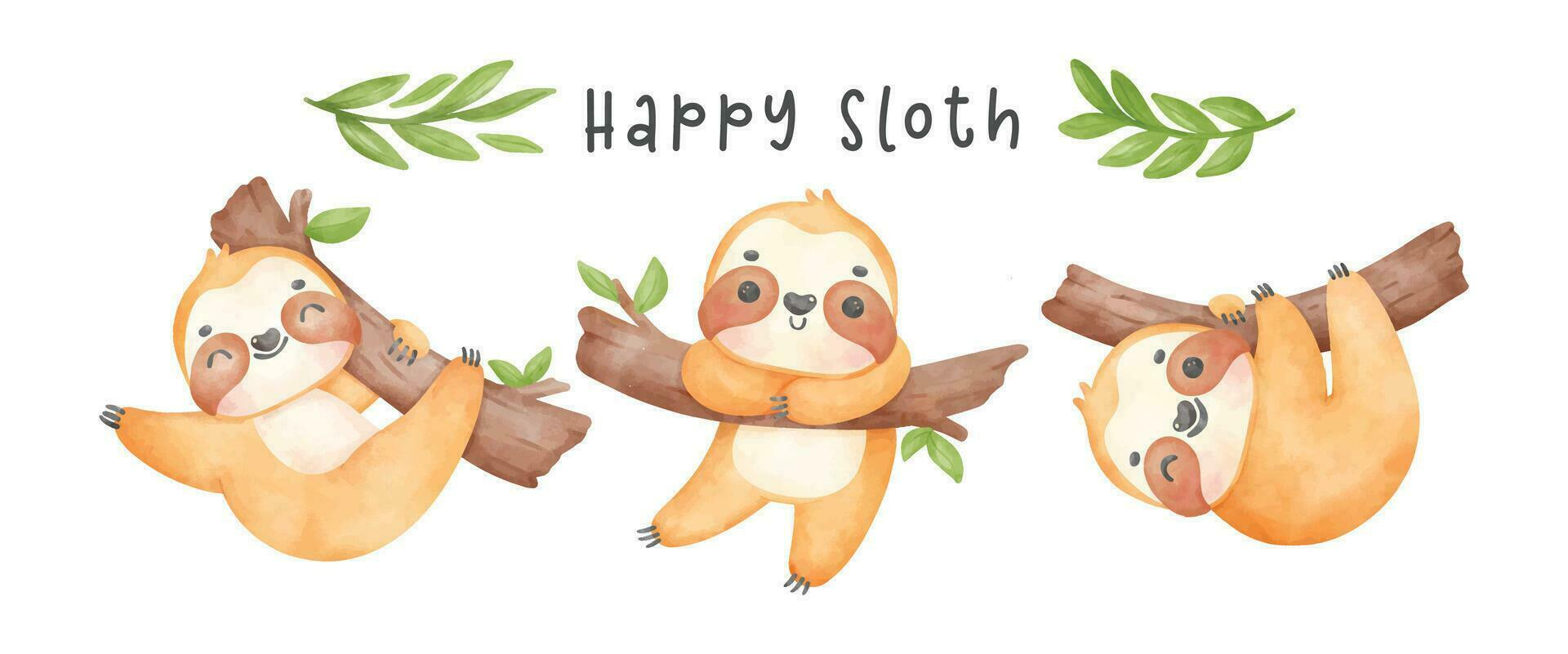 Group of Adorable happy smile baby sloth hanging on tree cartoon watercolor banner nursery Illustration vector