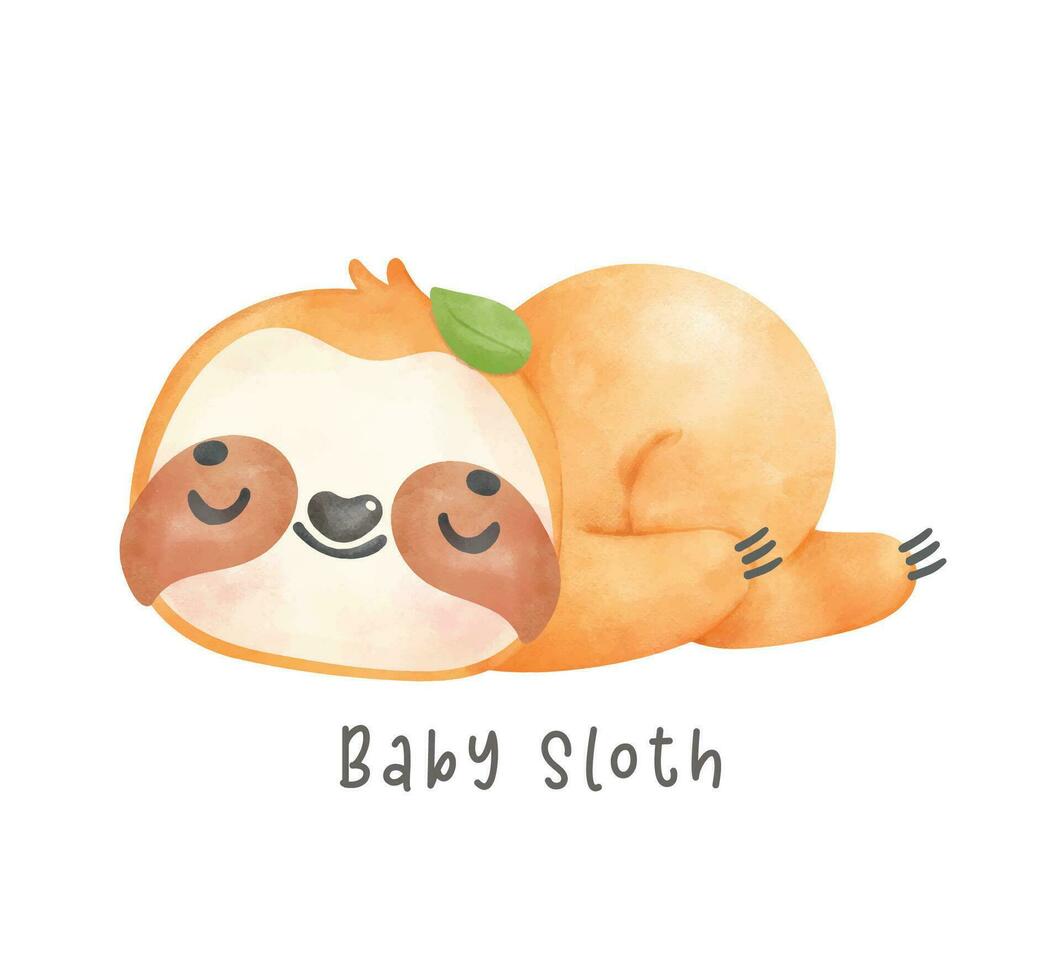 Adorable happy smile baby sloth sleeping cartoon watercolor nursery Illustration vector