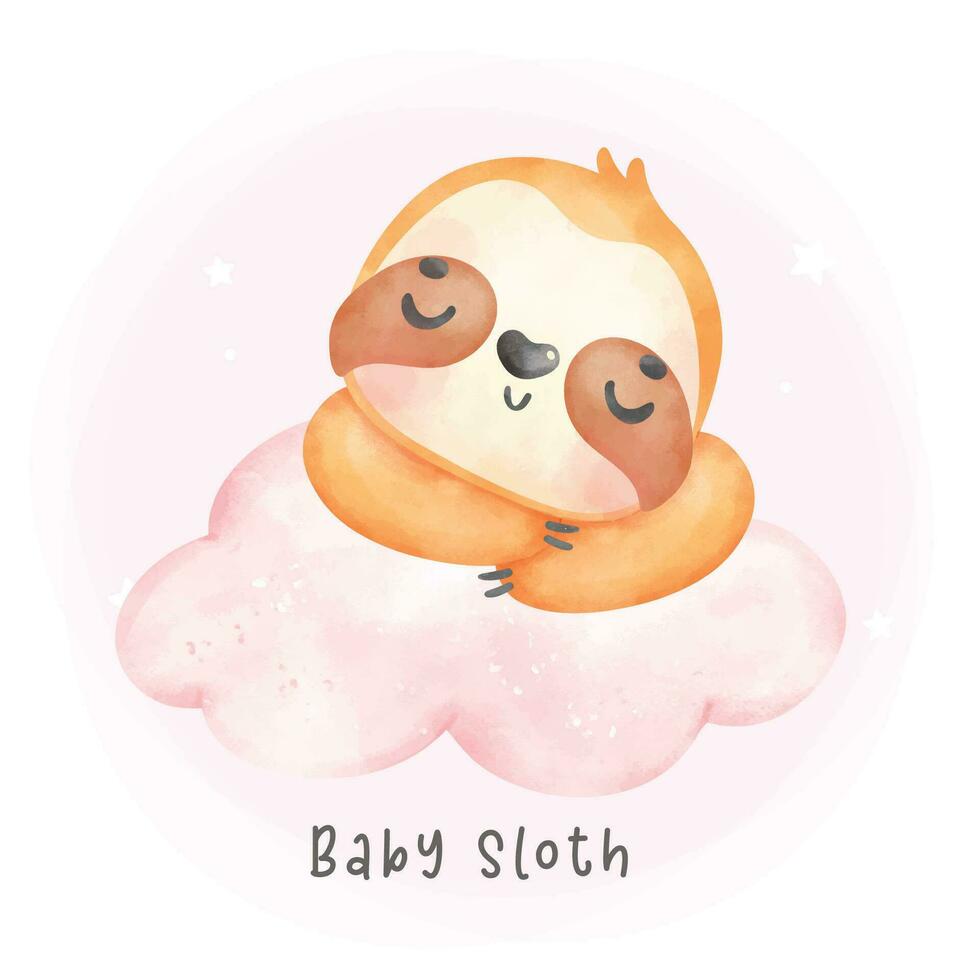 Adorable baby sloth sleeping on cloud cartoon watercolor nursery Illustration vector