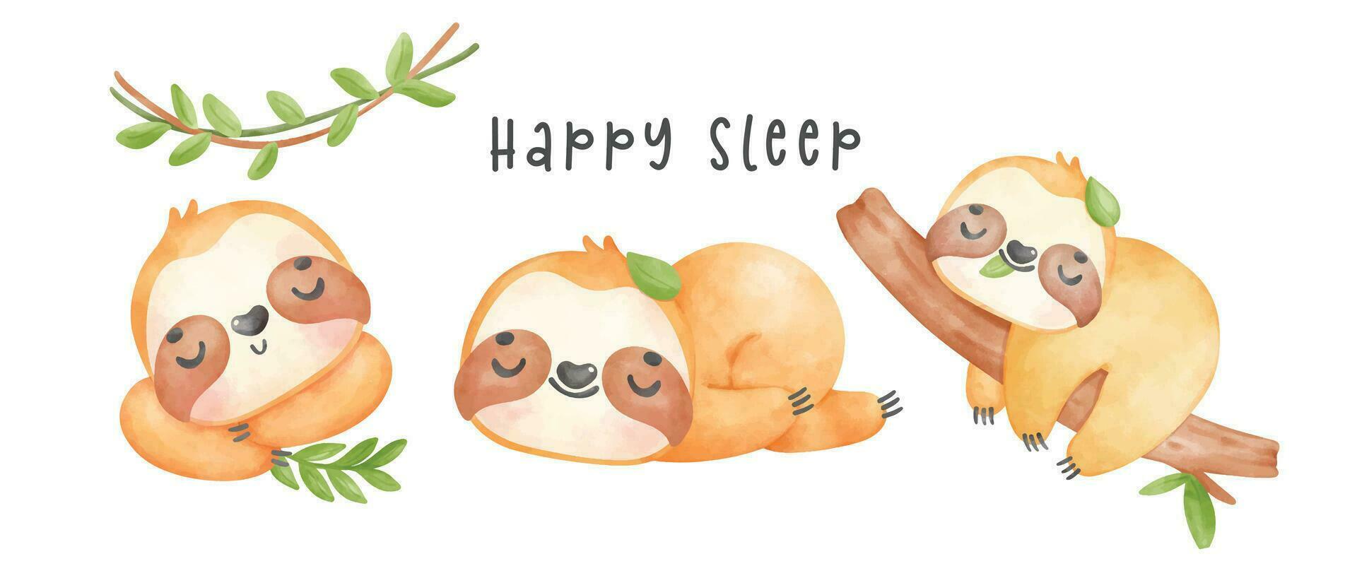 Group of Adorable happy smile baby sloth sleeping cartoon watercolor banner nursery Illustration vector