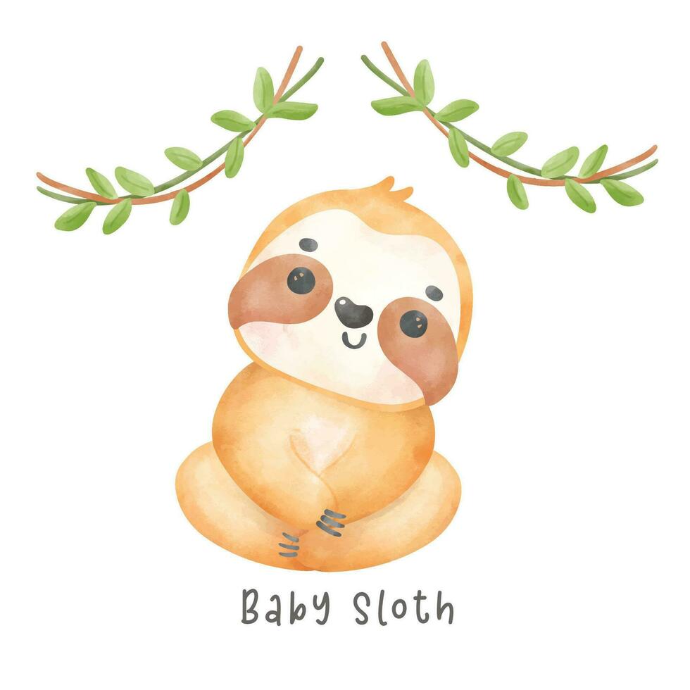 Adorable happy smile baby sloth sitting cartoon watercolor nursery Illustration vector