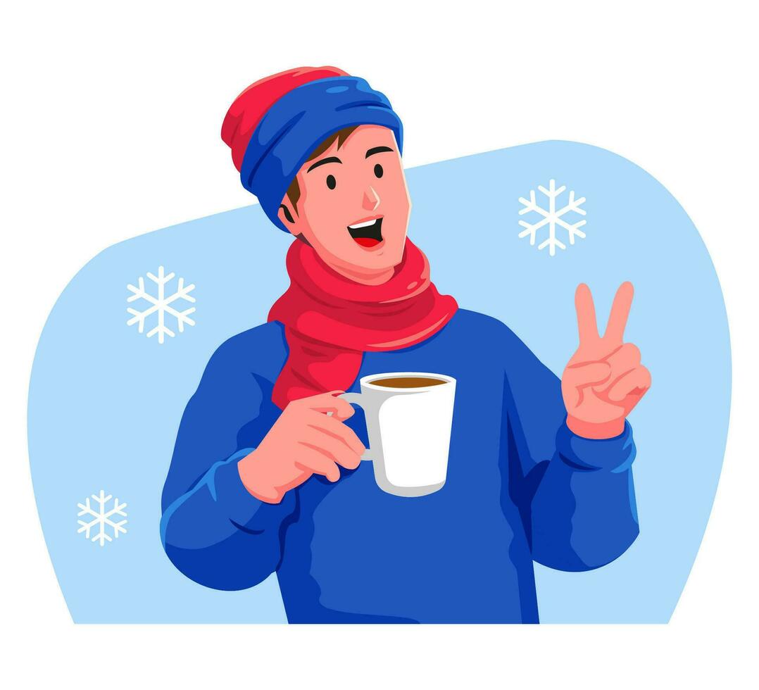 Happy man with a cup of hot drink in the winter vector