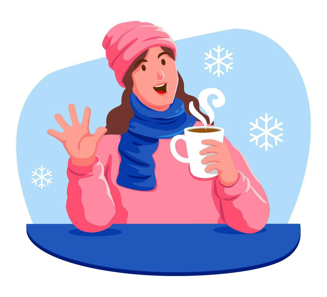 Happy woman with a cup of hot drink in the winter vector