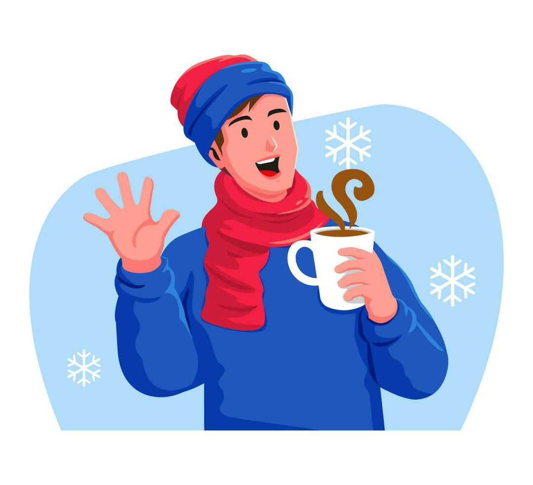 Happy man with a cup of hot drink in the winter vector