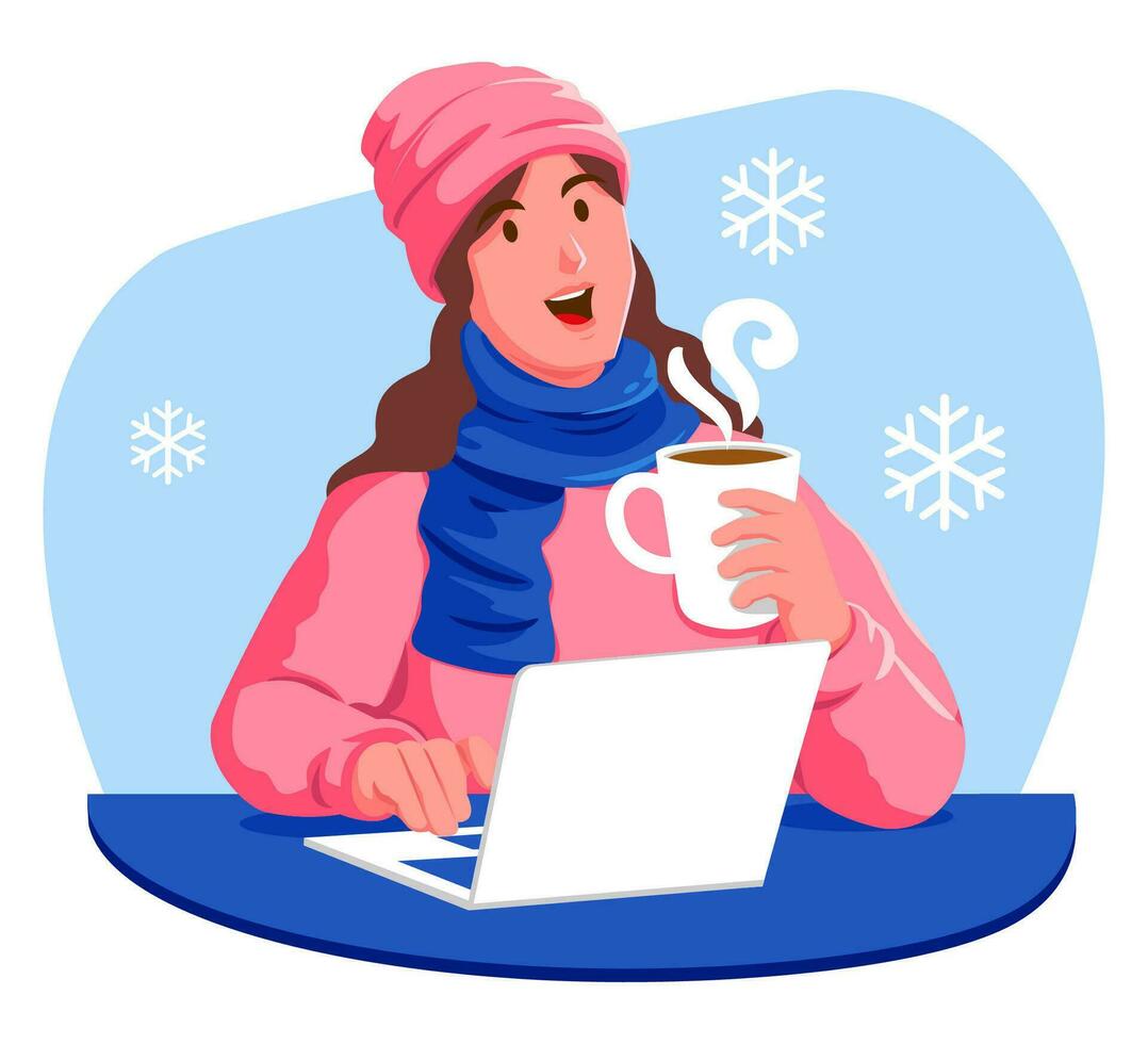 Happy woman holding a cup of coffee and a laptop vector