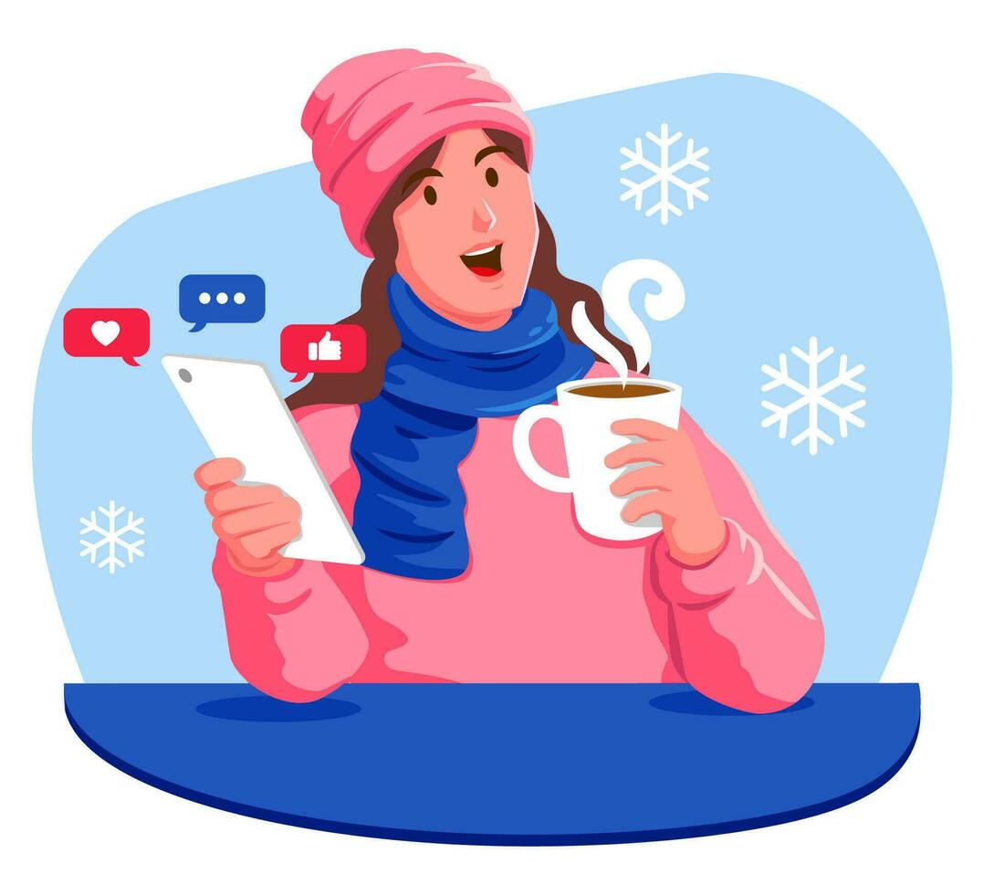 mujer en invierno ropa con un taza de café y un teléfono inteligente social medios de comunicación vector
