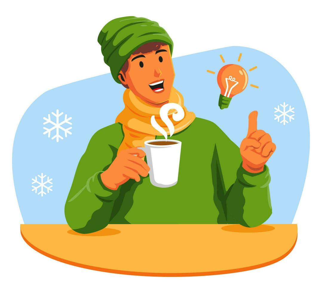 Man with a cup of hot coffee and a light bulb vector