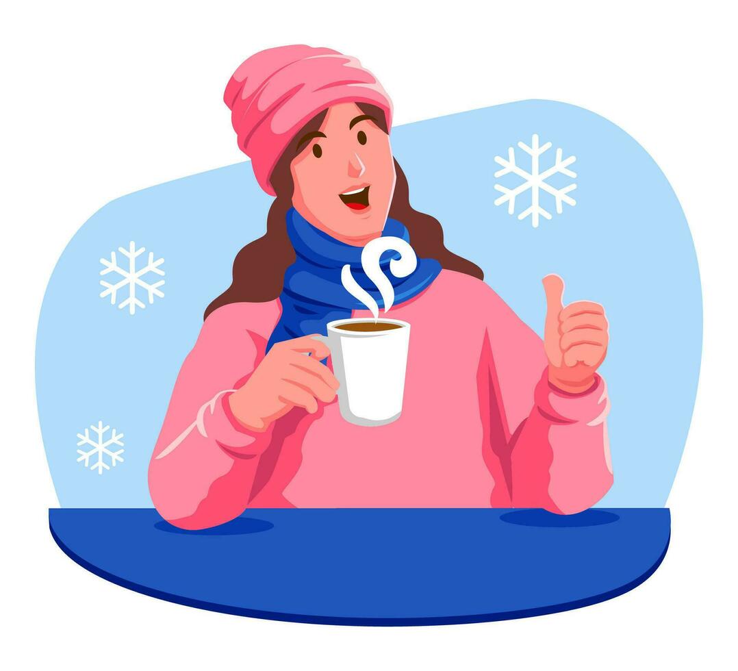 contento mujer con un taza de caliente bebida en el invierno vector