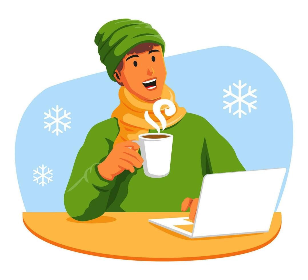 Happy man holding a cup of coffee and a laptop vector