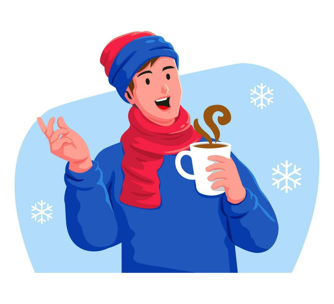 contento hombre con un taza de caliente bebida en el invierno vector