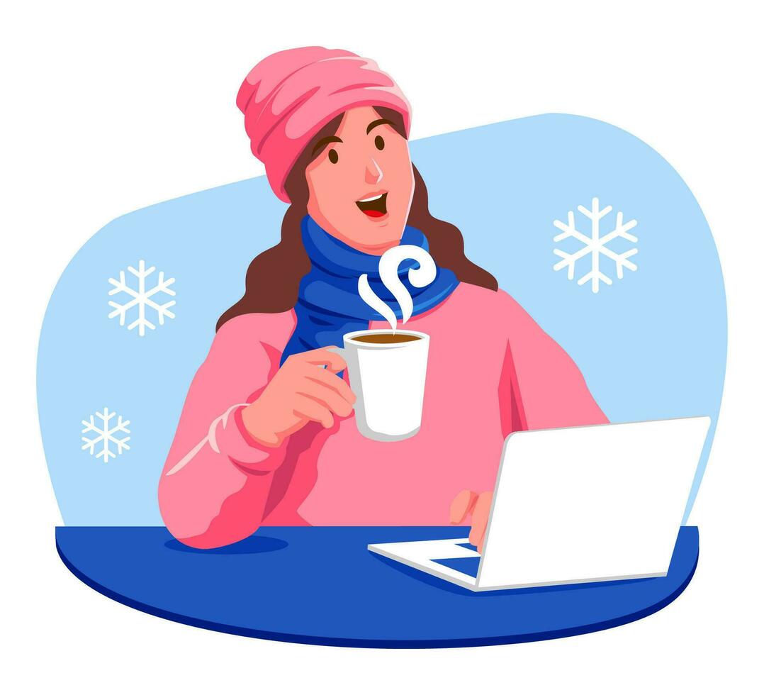 Happy woman holding a cup of coffee and a laptop vector