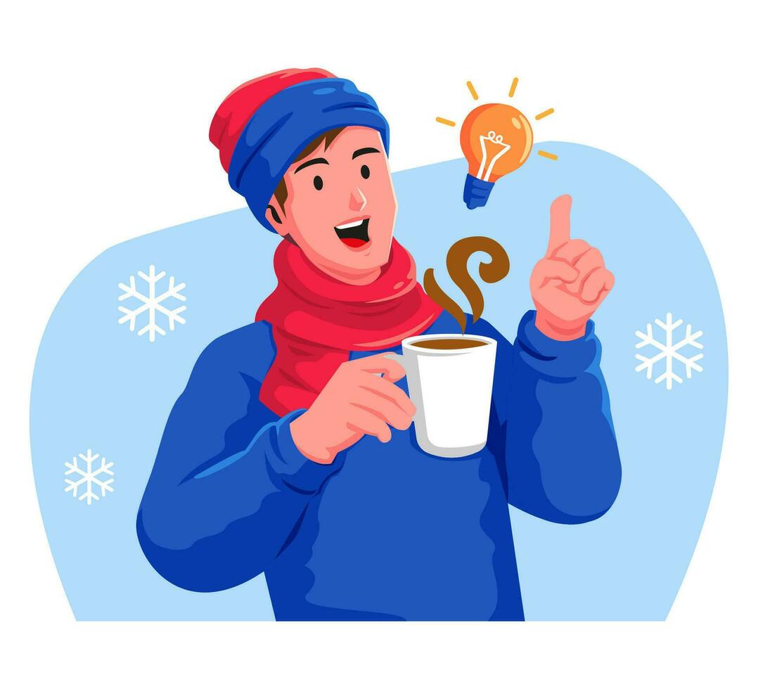 Man with a cup of hot coffee and a light bulb vector