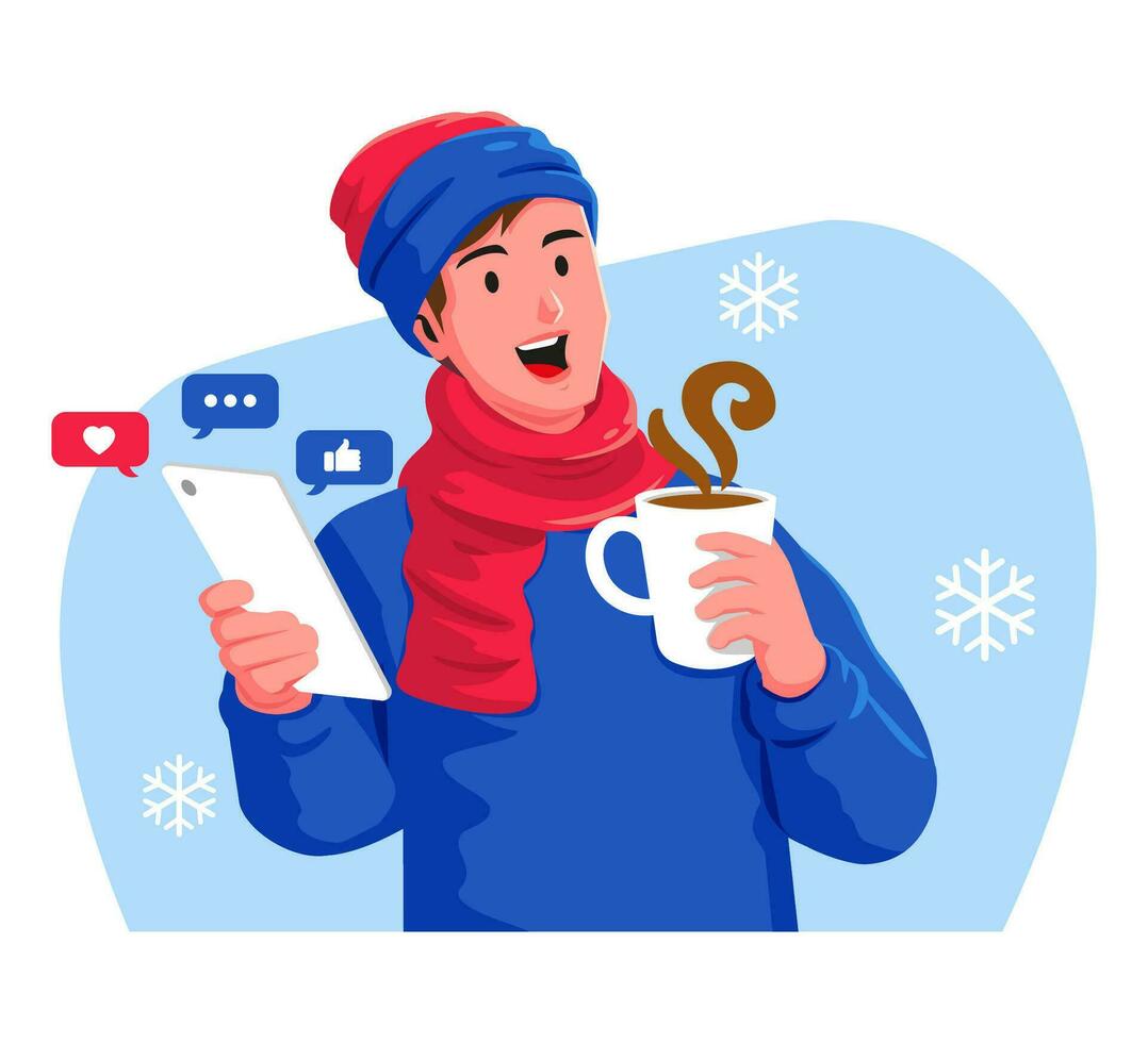 hombre en invierno ropa con un taza de café y un teléfono inteligente social medios de comunicación vector