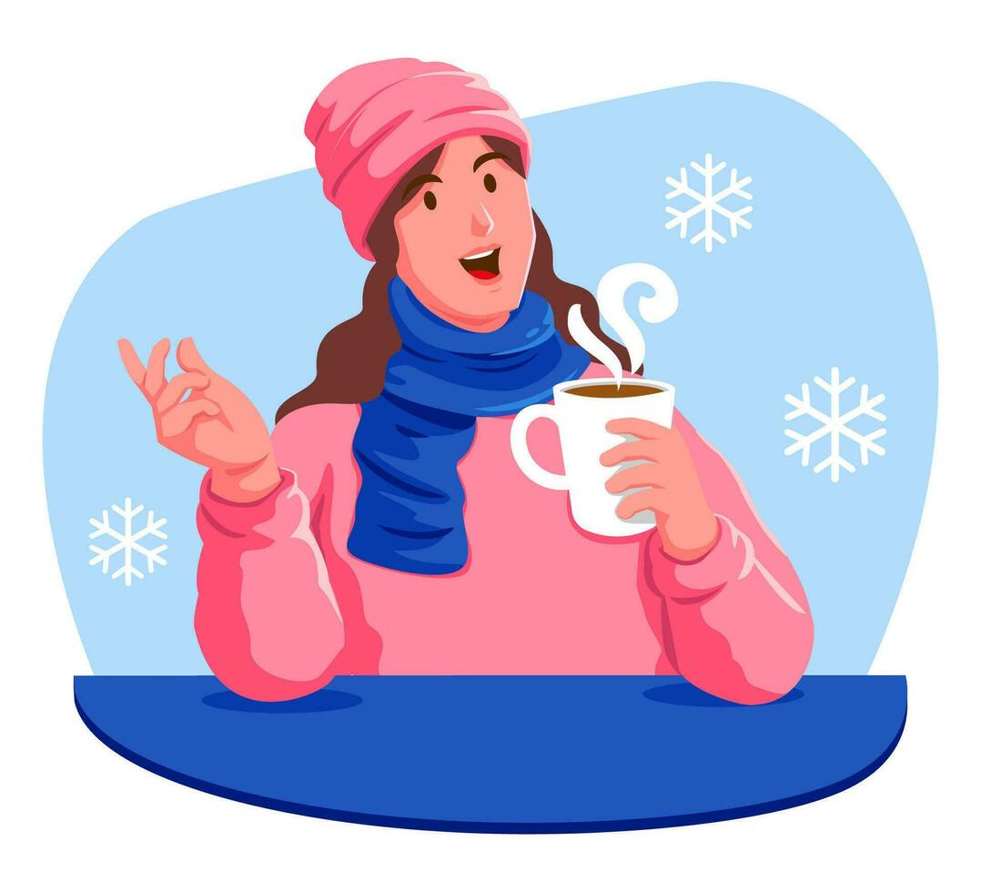 contento mujer con un taza de caliente bebida en el invierno vector