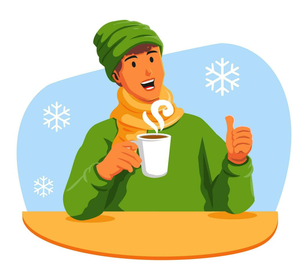 Happy man with a cup of hot drink in the winter vector