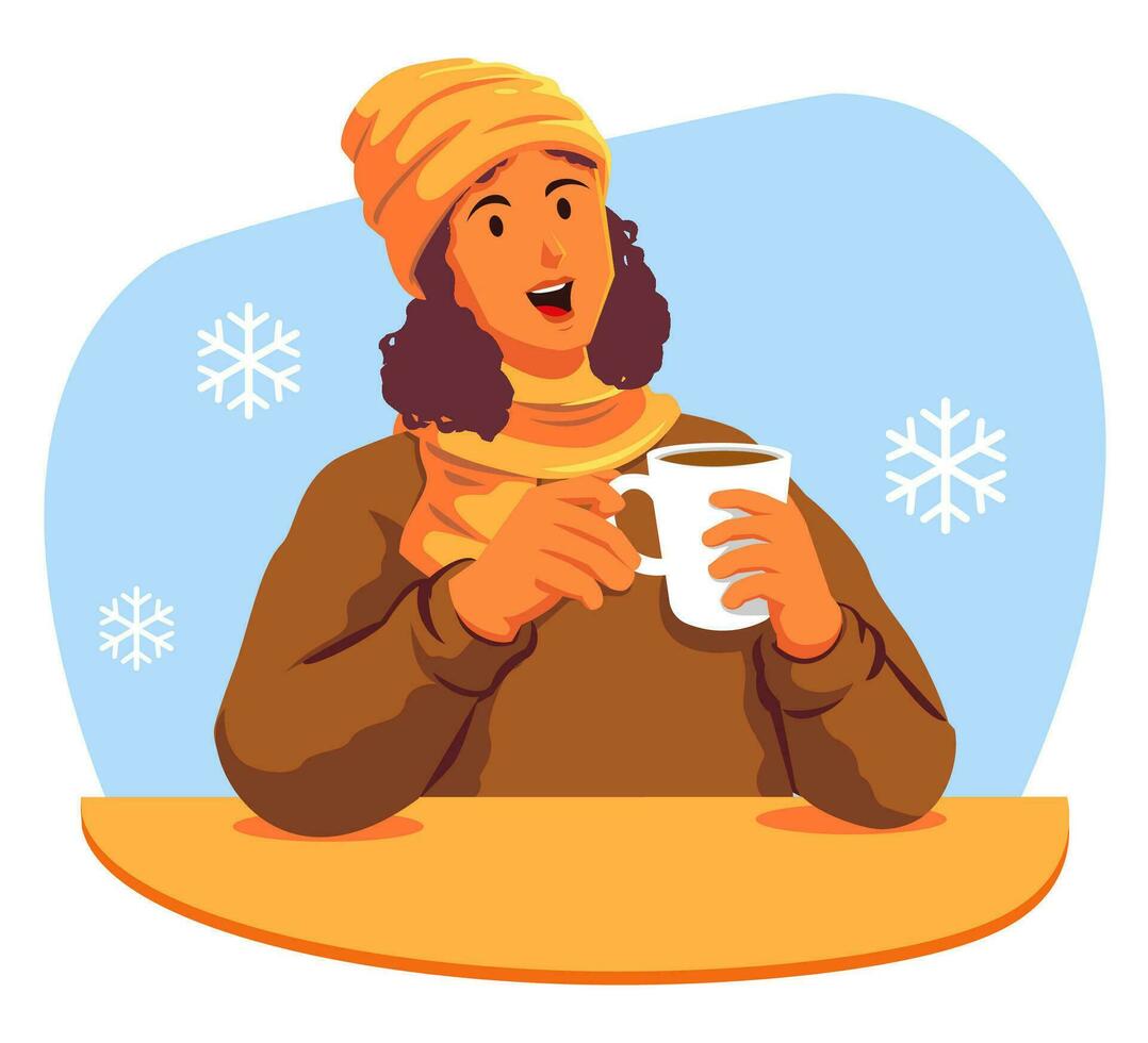 contento mujer con un taza de caliente bebida en el invierno vector