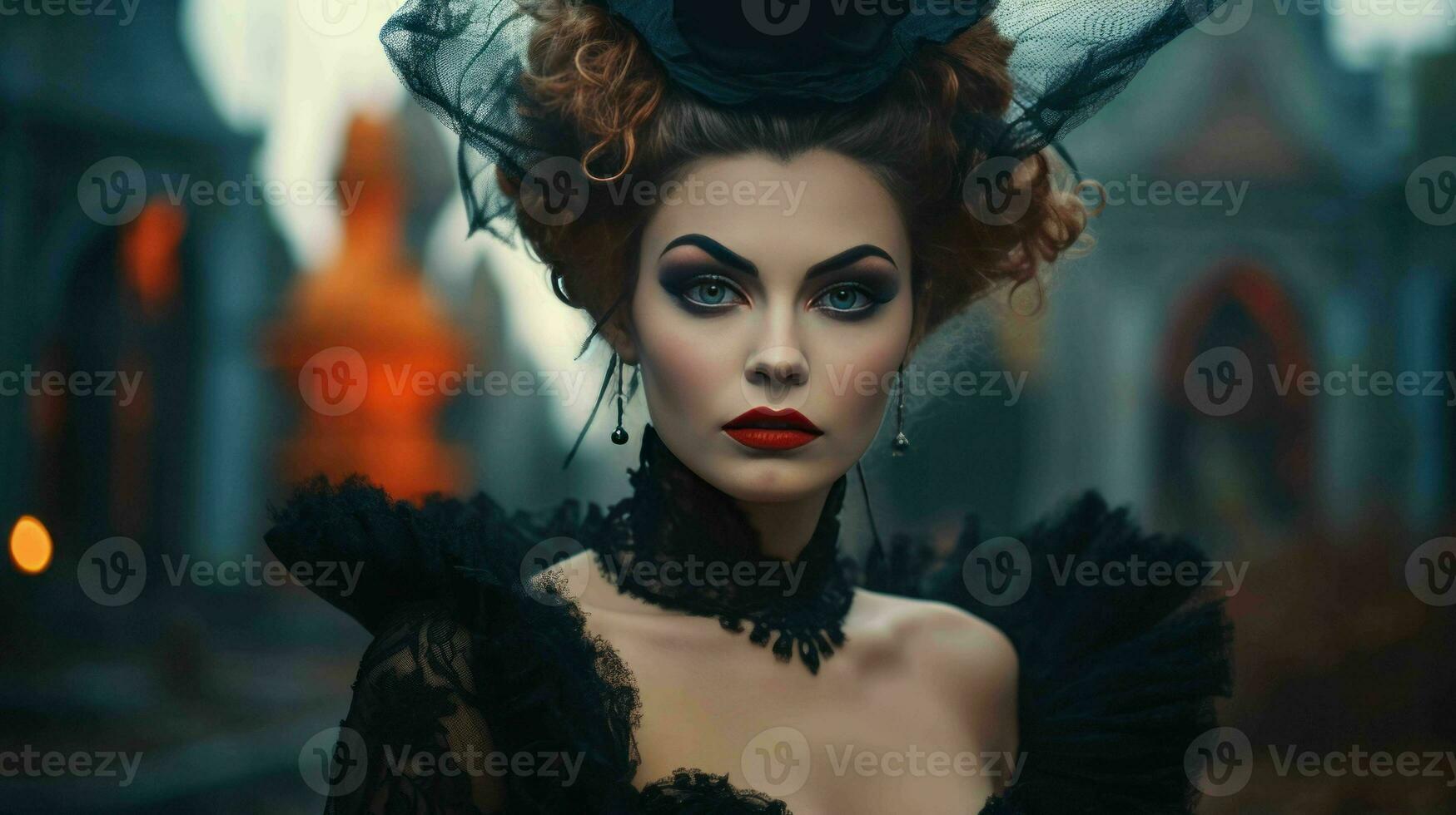 AI generated Woman in vintage party costume standing in front of a castle and starring photo