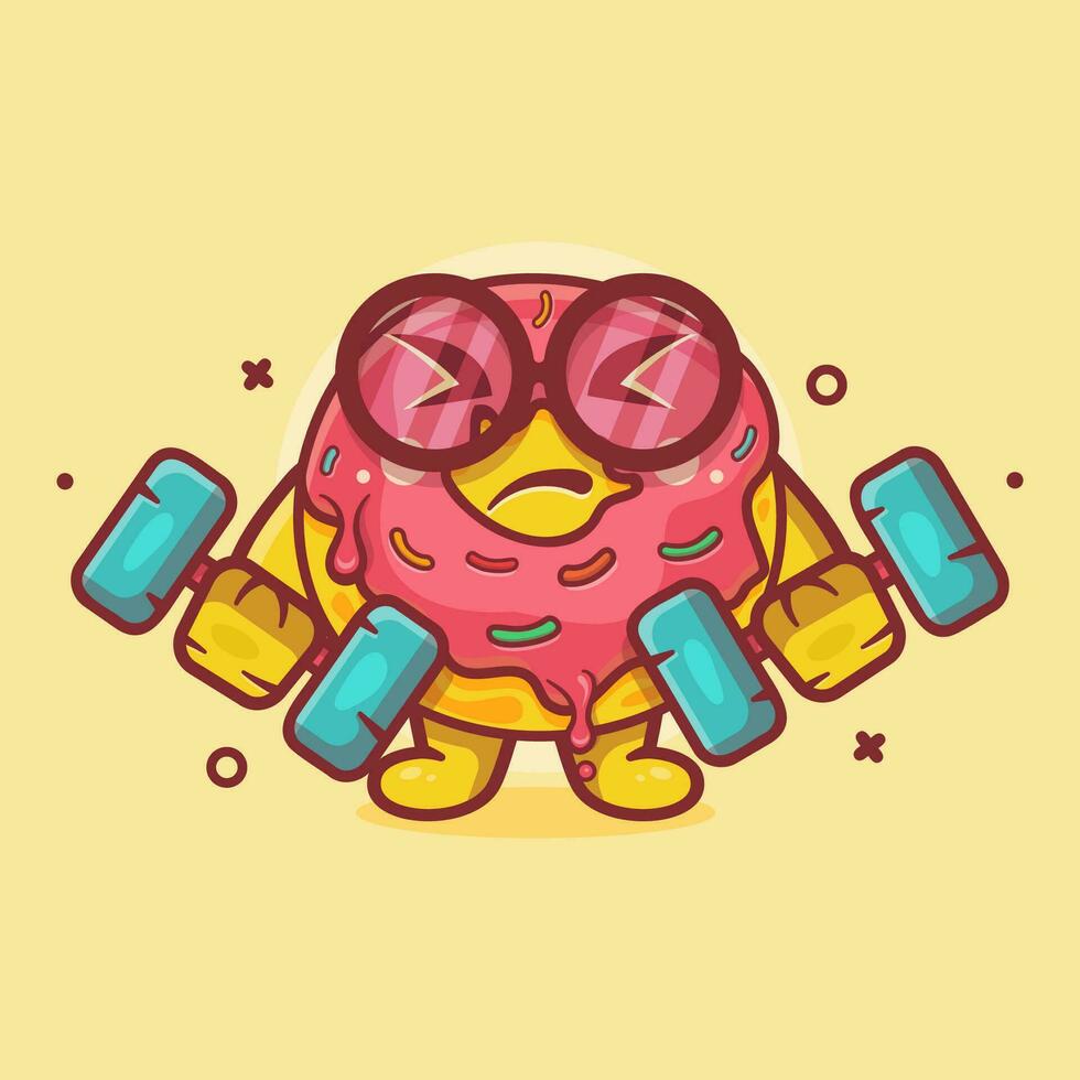 funny donut food character mascot doing bodybuilding using dumbbell isolated cartoon in flat style design vector