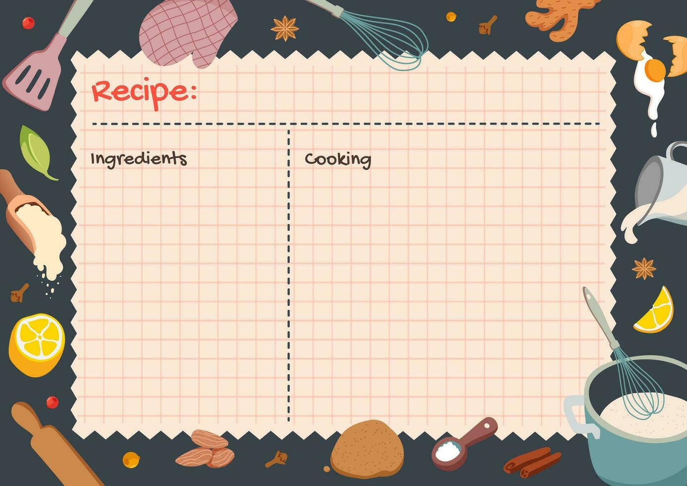Print recipe card templates for making notes about preparation of food and cooking ingredients. Empty cookbook pages decorated with Food icons and elements. Vector flat illustration.