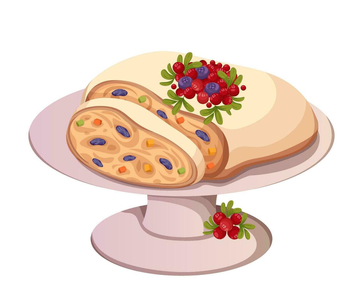 Christmas stollen vector illustration. German sweet fruit cake on plate. Christmas fruitcake dessert with sugar glaze, candied fruits and raisins, cranberries branch decoration. Cartoon illustration.