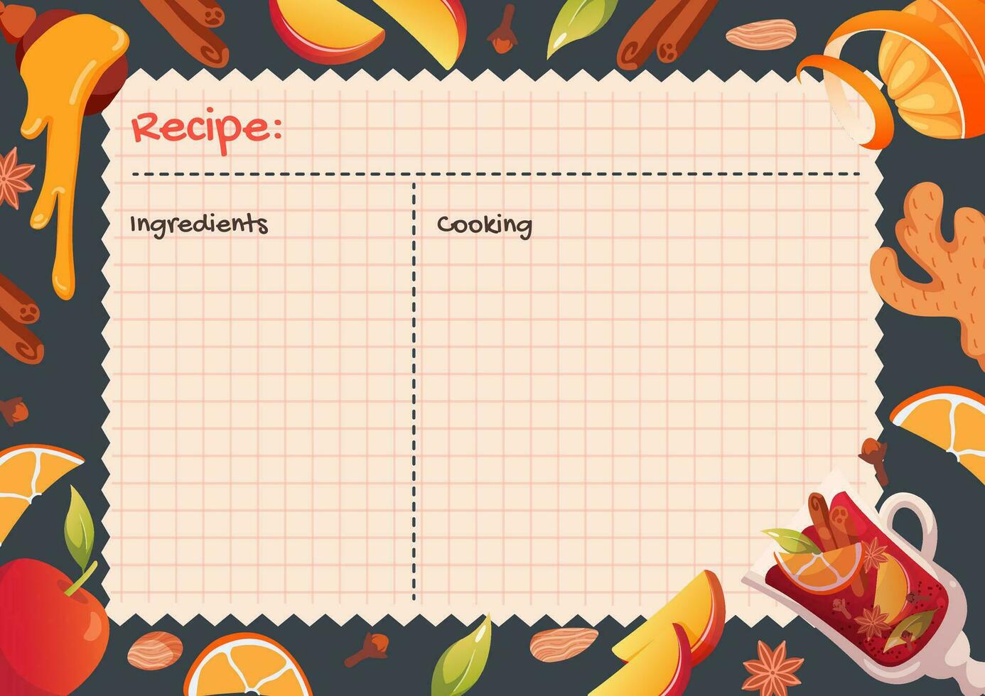 Print recipe card templates for making notes about preparation of food and cooking ingredients. Empty cookbook pages decorated with Food icons and elements. Vector flat illustration.