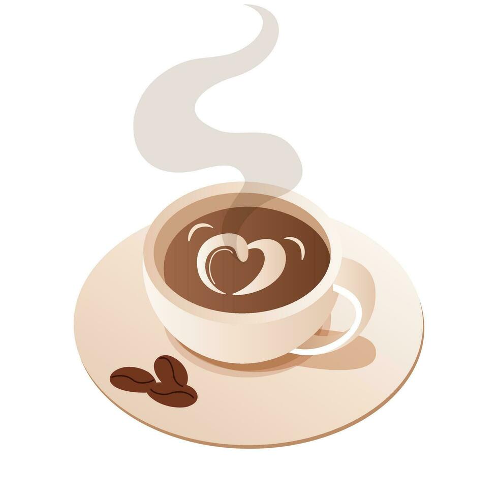 Ordinary cup of coffee with smoke. Drawing of heart on coffee. Fragrant hot drink isolated on white background. Vector illustration For your menu design, logo, postcard.