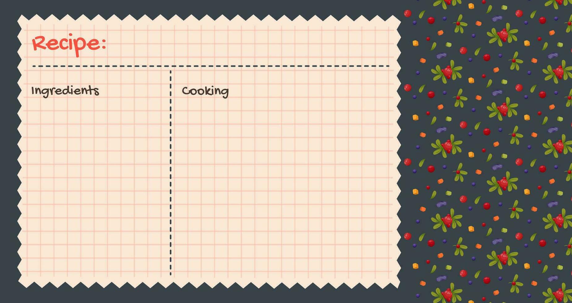 Recipe cards. Culinary book blank pages. Pattern with lingonberry, cranberries and greens. Cookbook stickers, cute home menu. Vector cartoon illustration.