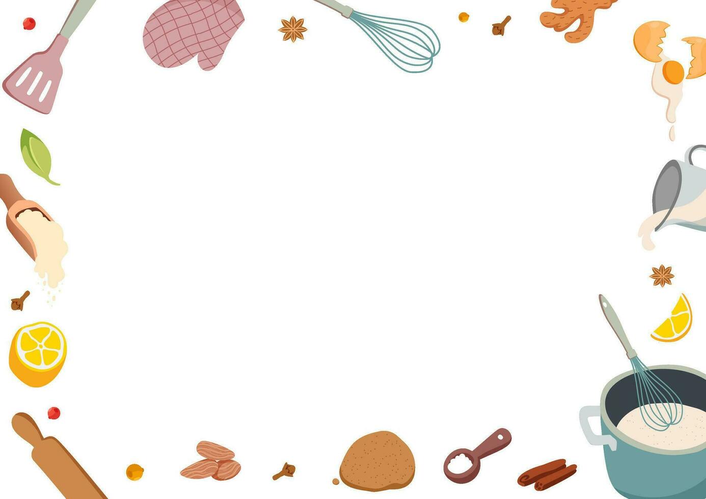 Cocinando antecedentes con decorativo marco. horizontal volantes con comida elementos, comida ingredientes. cocina póster diseño. sitio para notas texto Copiar espacio. vector plano ilustración.