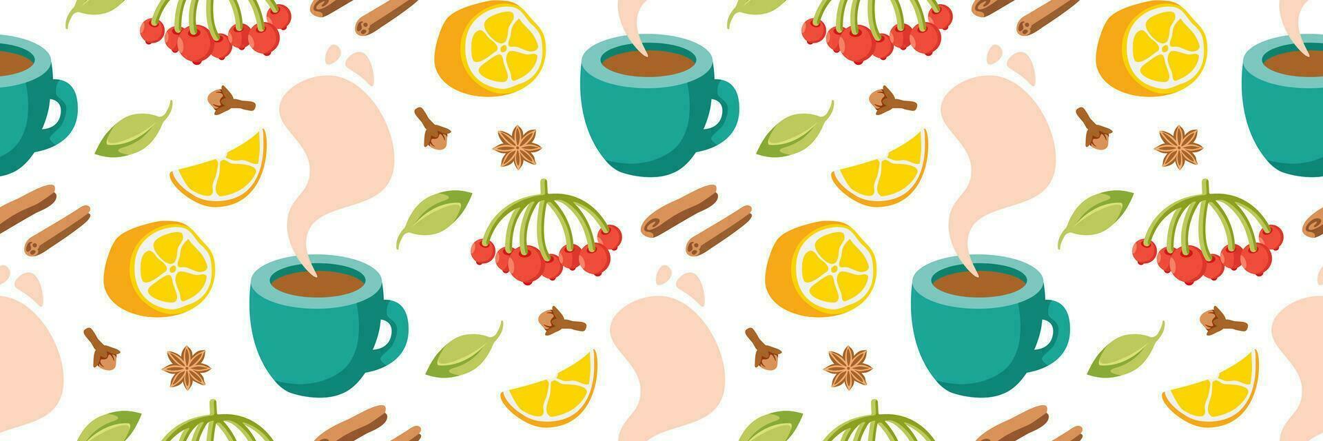 Pattern with hot drink lemons and spices. Cookbook stickers, cute home menu. Cozy Hand drawn tea background. Vector flat illustration.