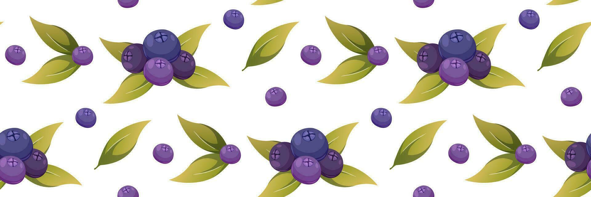 Blueberry with green leaves seamless pattern. Green leaves and berries isolated on white background for wrapping paper, wallpaper, fabric. Vector cartoon illustration.