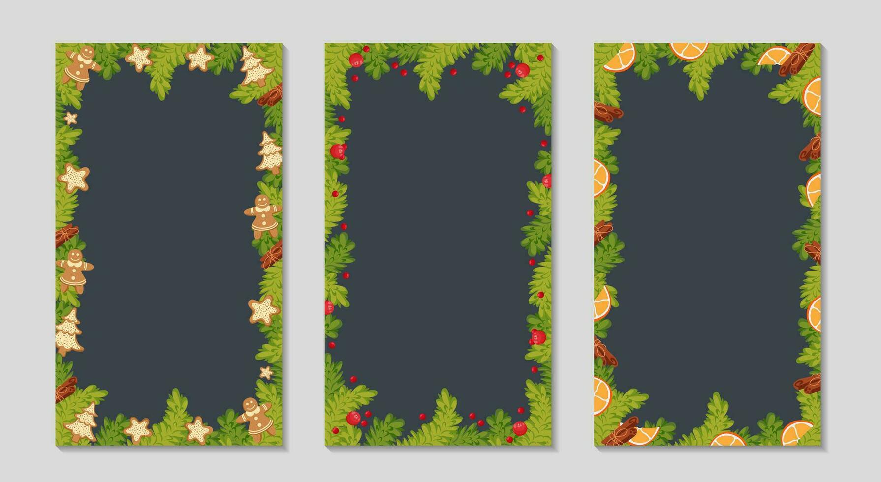 Christmas frame set for Social media Stories. Spruce branches with cookies, citrus, cinnamon, and holly berries. Christmas holidays vertical templates. Winter sale and social media Vector illustration