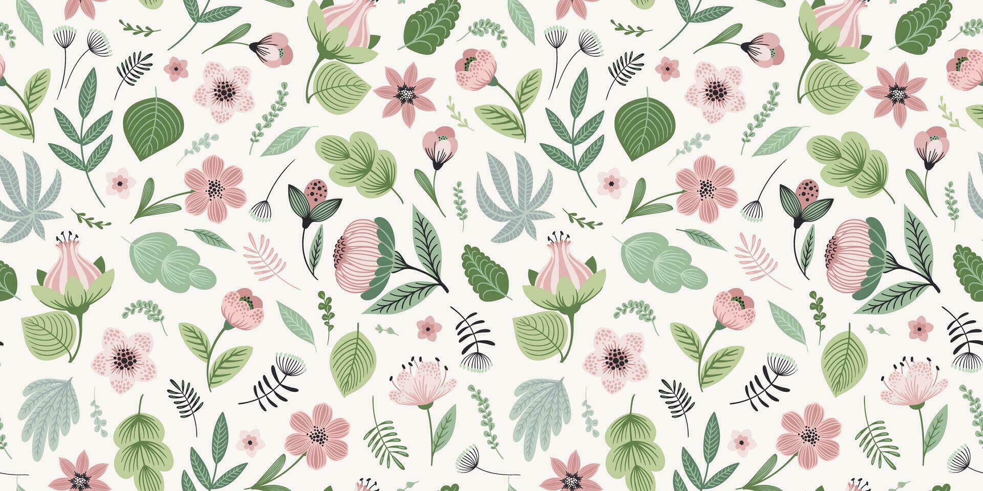 Abstract gentle seamless pattern with leaves, flowers and grass. Modern exotic design for paper, cover, fabric, interior decor and other use. vector