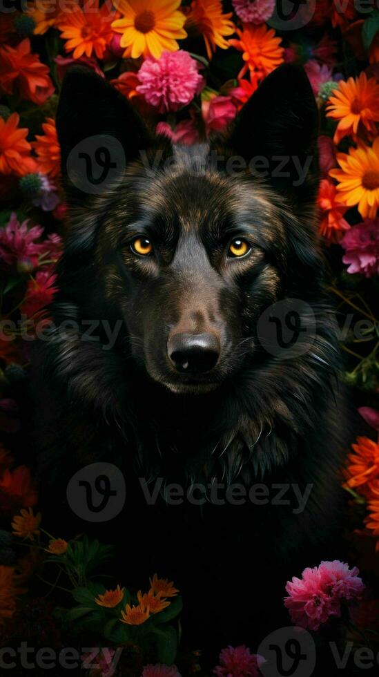 AI generated Black wolf and vibrant colorful spring flowers photo