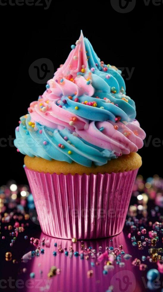 AI generated Delicious Rainbow Glitter Sparkle Pastel Cupcake photo