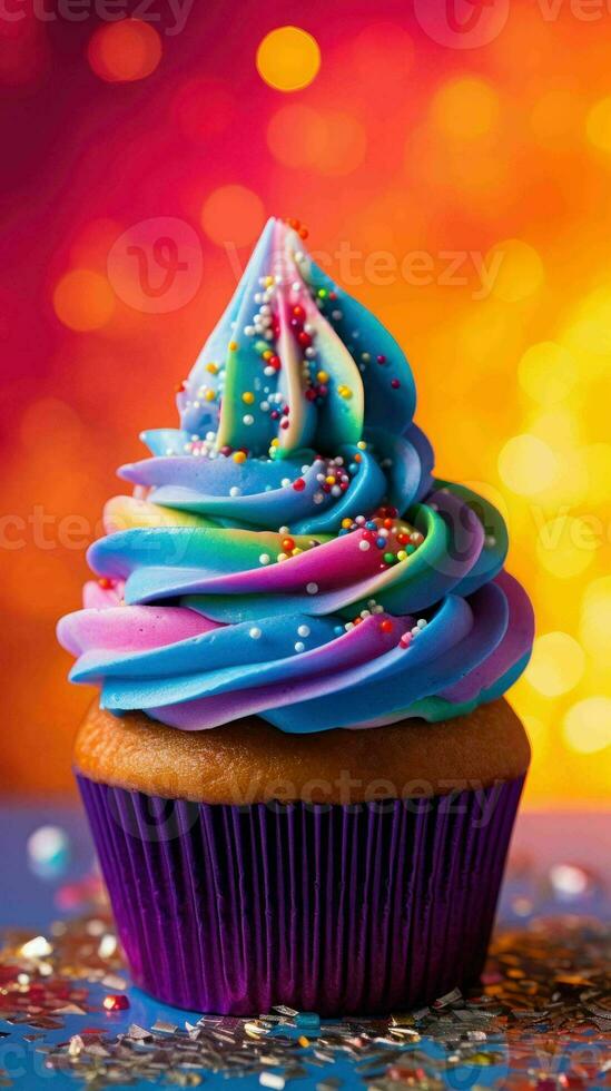 AI generated Delicious Rainbow Glitter Sparkle Creamy Cupcake photo