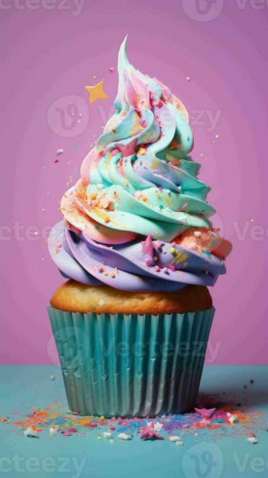 AI generated Delicious Rainbow Glitter Sparkle Pastel Cupcake photo