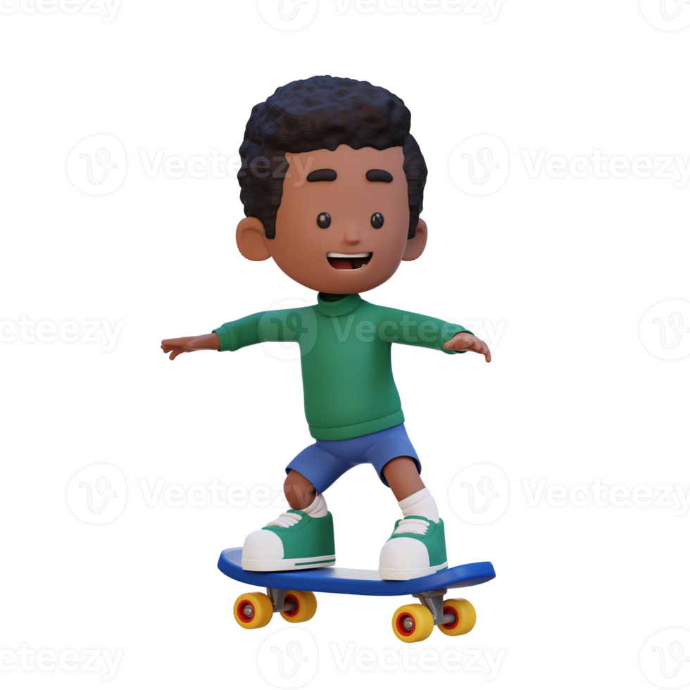 3D kid character ride skateboard png