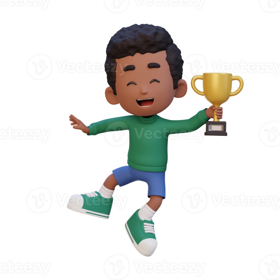 3d niño personaje celebrando ganar participación un trofeo png