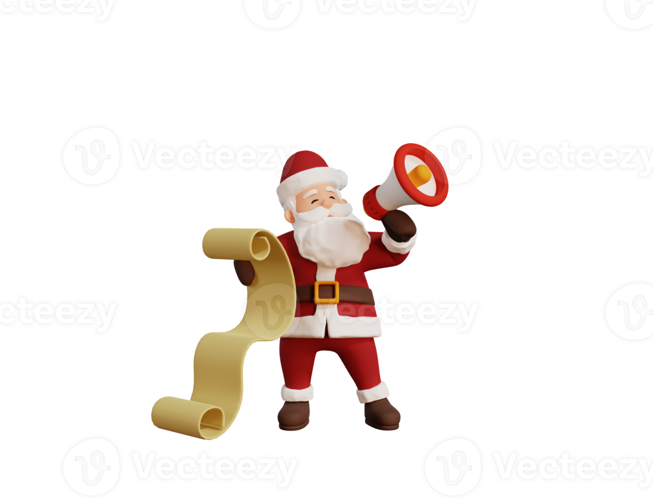 3d render christmas concept illustration santa character holding paper list and megaphone png