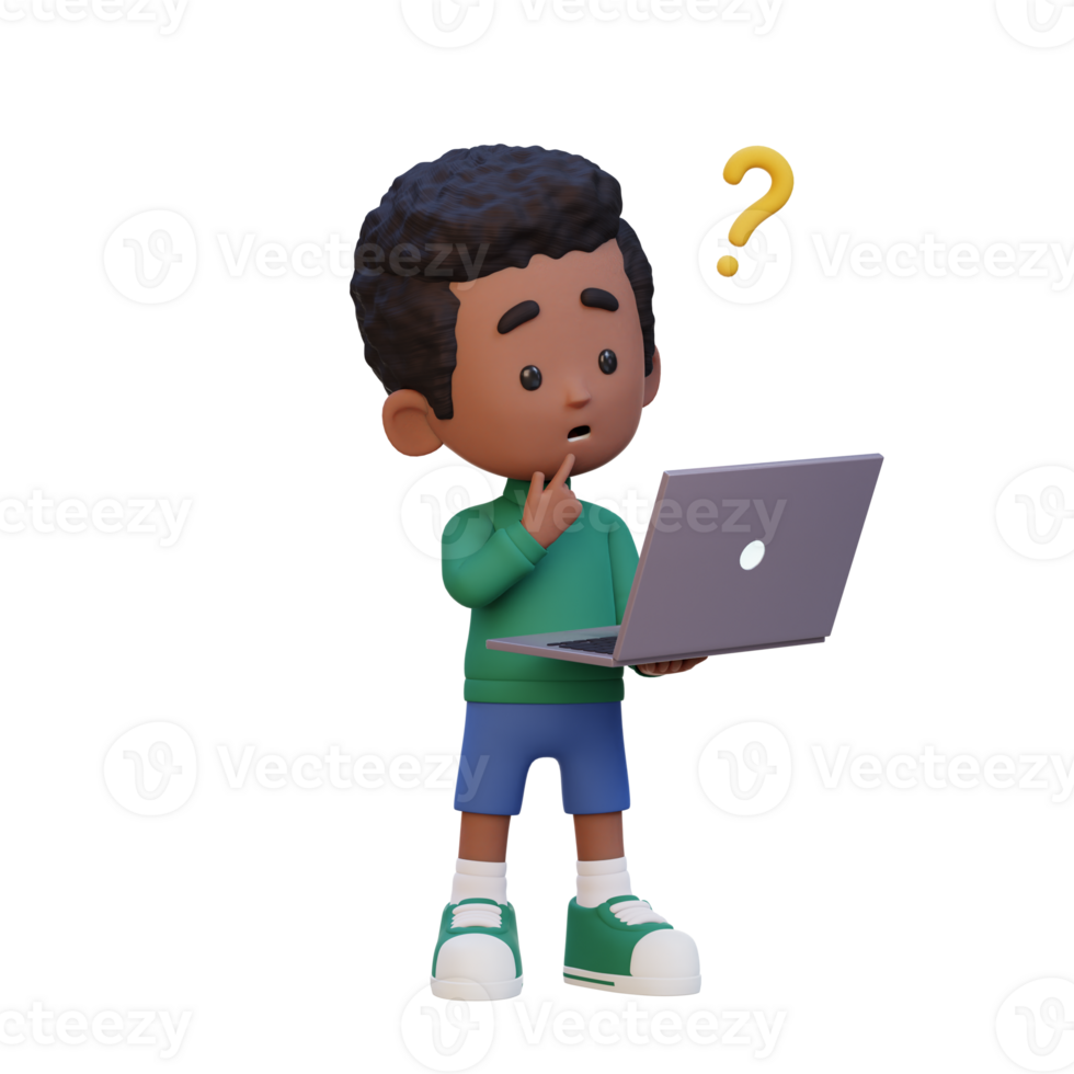 3D cute kid character confused on a laptop png