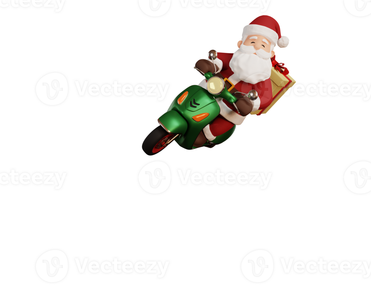 3d render christmas concept illustration santa riding scooter and delivering gift png