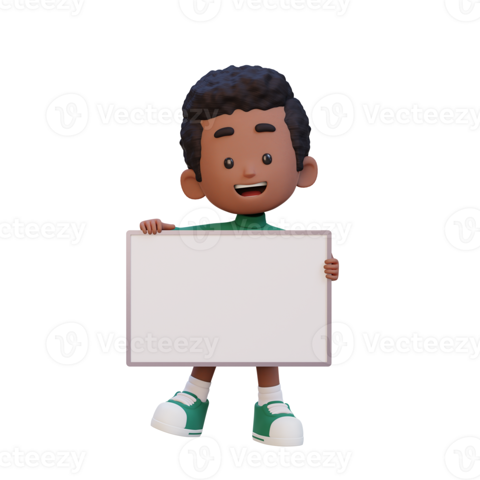3D kid character holding a blank placard png