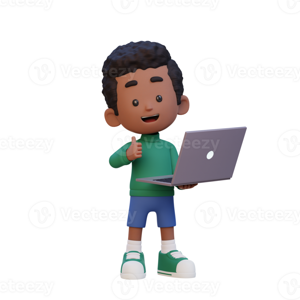 3D cute kid character give a thumb up while holding a laptop png