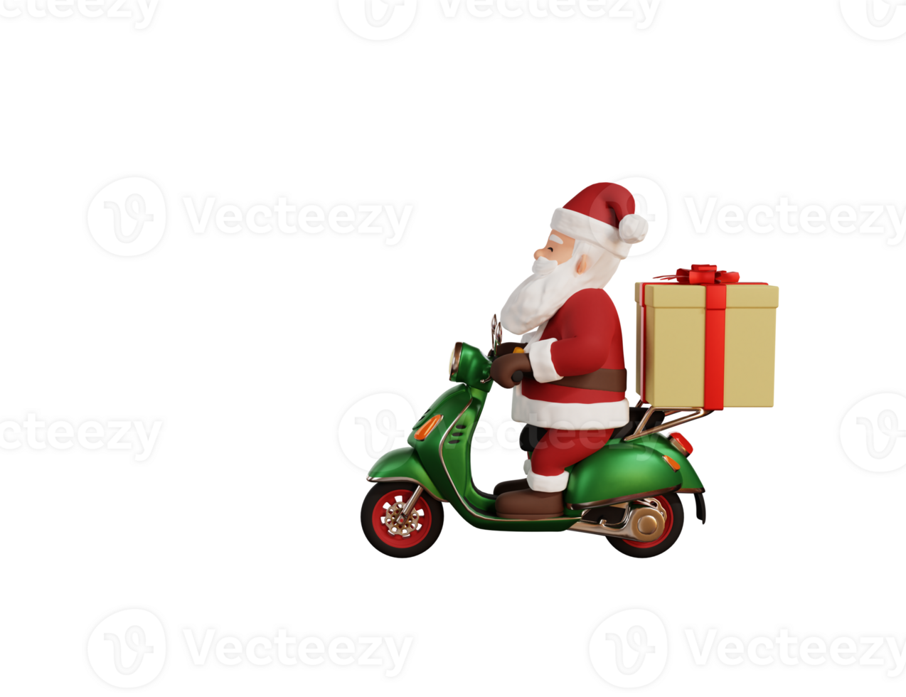 3d render christmas concept illustration santa riding scooter and delivering gift png