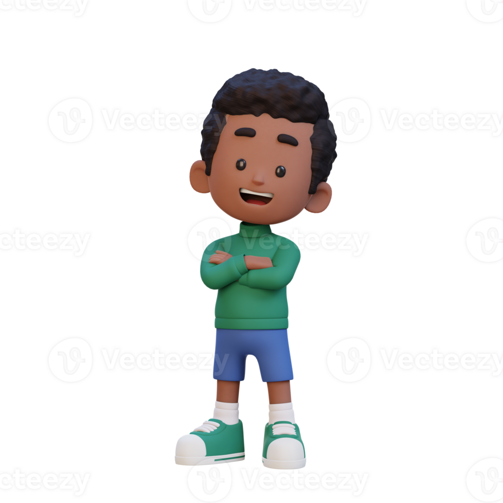 3D cute kid character in confident pose crossed hand png