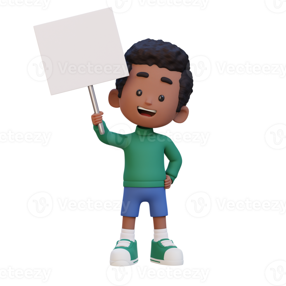 3D kid character holding a blank placard png