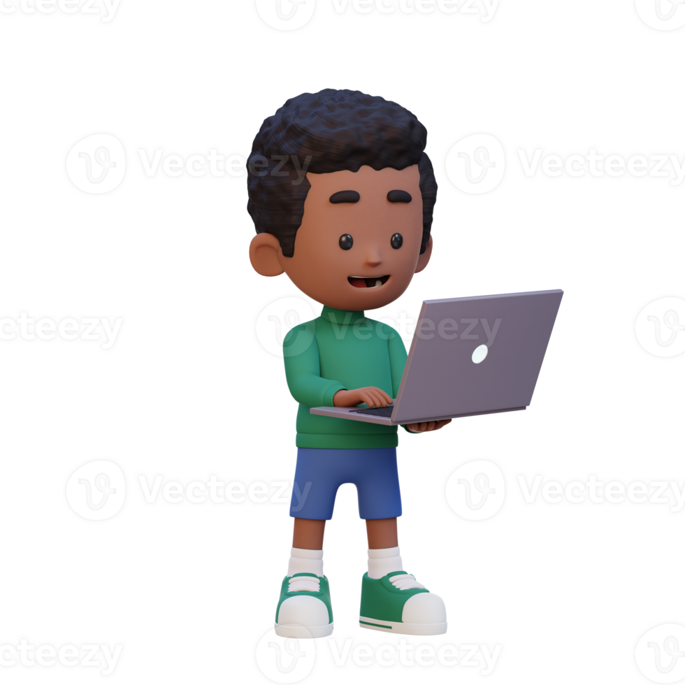 3D kid Character working on a Laptop png
